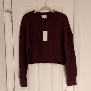 Thread & Supply TXS Cropped Knit Sweater Women Large Burgundy Scallop Hem NWT